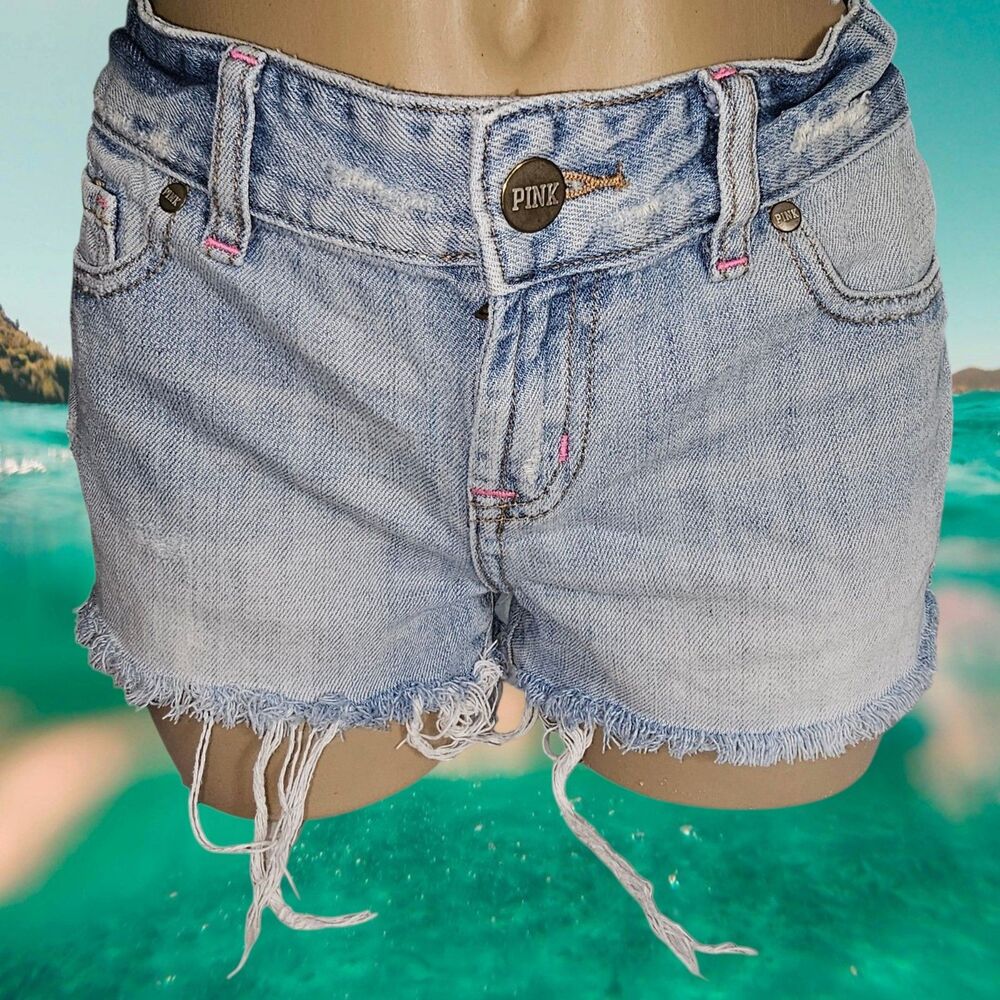 Pink Victoria’s Secret Cotton Denim Shorts Women Sz 2 Frayed Distressed Low Rise